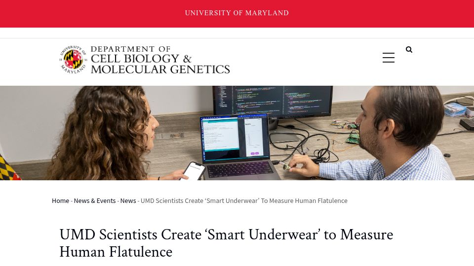 Screenshot of cbmg.umd.edu: UMD Scientists Create 'Smart Underwear' to Measure Human Flatulence