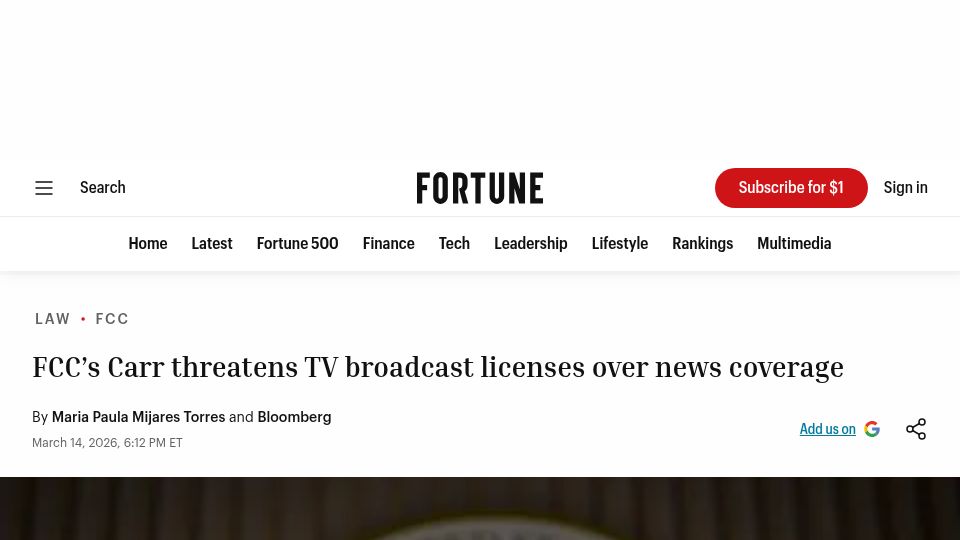 Screenshot of fortune.com: FCC chairman threatens TV broadcast licenses over news coverage
