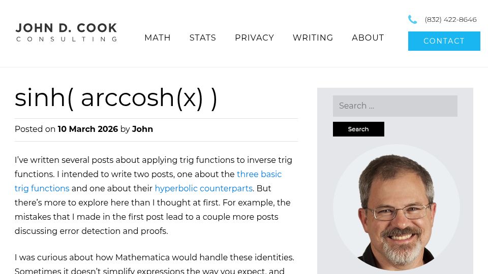 Screenshot of johndcook.com: Why Mathematica does not simplify sinh(arccosh(x))