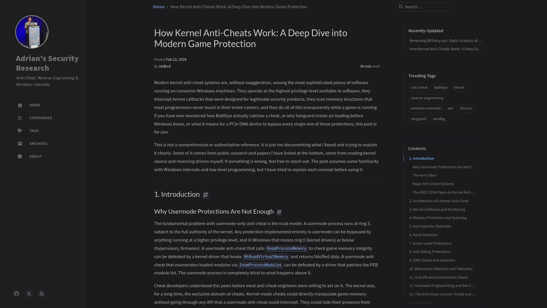 Screenshot of s4dbrd.github.io: How kernel anti-cheats work