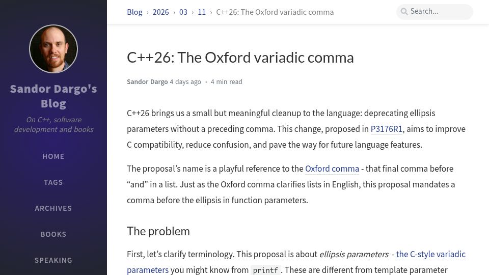 Screenshot of sandordargo.com: C++26: The Oxford Variadic Comma