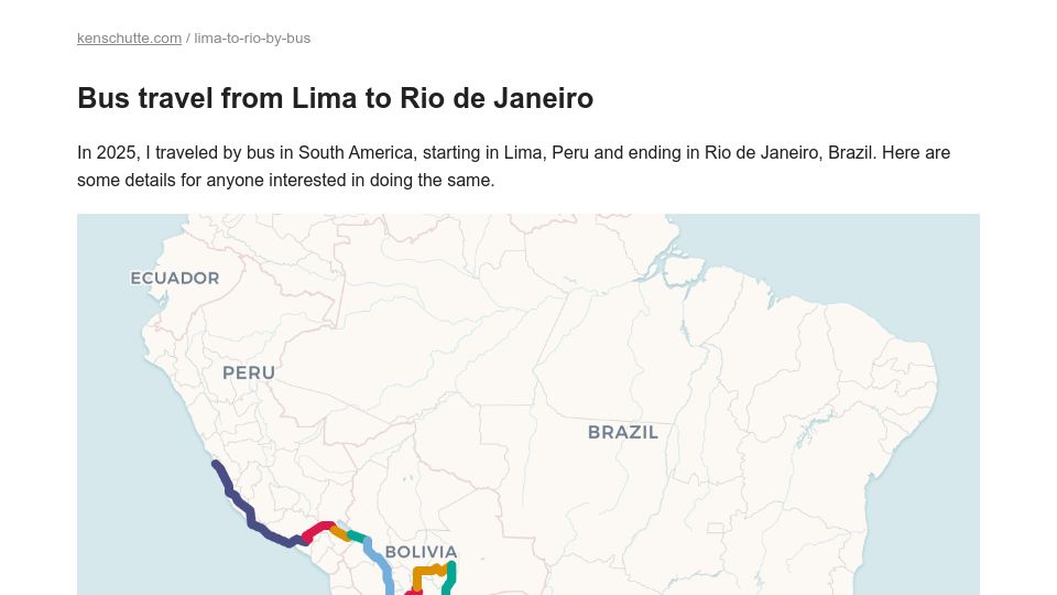 Screenshot of kenschutte.com: Bus travel from Lima to Rio de Janeiro