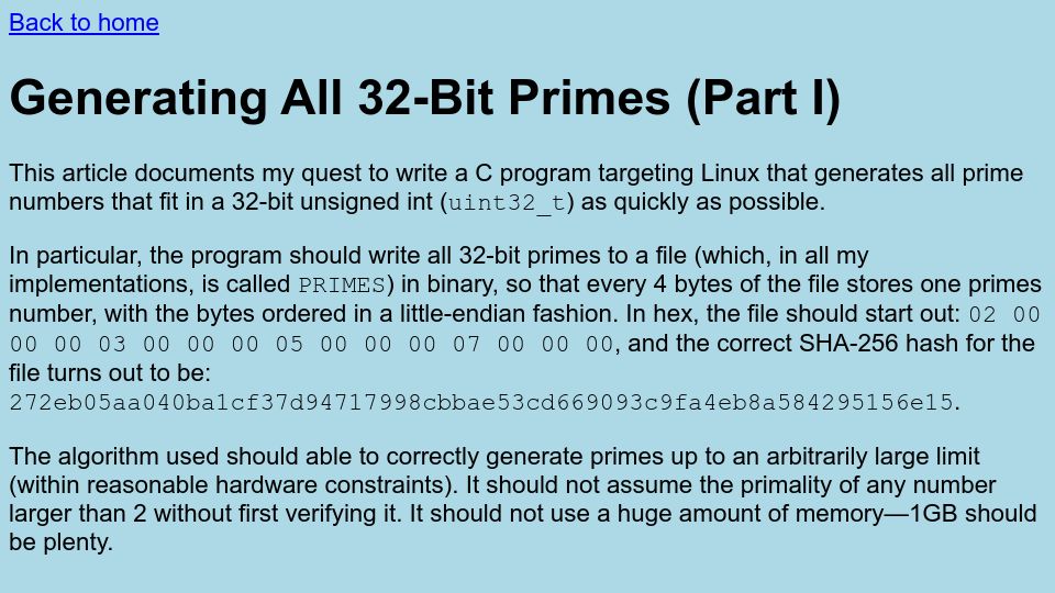 Screenshot of hnlyman.github.io: Generating All 32-Bit Primes (Part I)