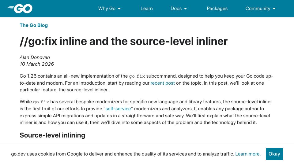 Screenshot of go.dev: //go:fix inline and the source-level inliner