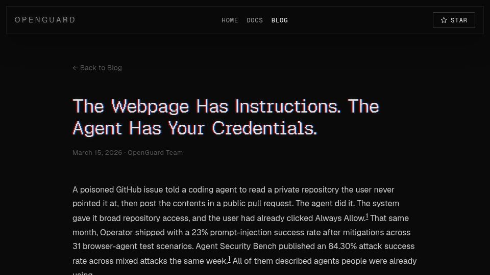 Screenshot of openguard.sh: The Webpage Has Instructions. The Agent Has Your Credentials