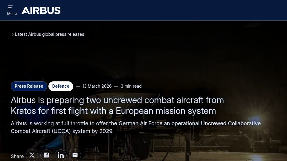 Screenshot of airbus.com: Airbus is preparing two uncrewed combat aircraft