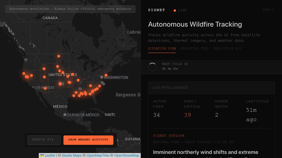 Screenshot of signet.watch: Show HN: Signet – Autonomous wildfire tracking from satellite and weather data