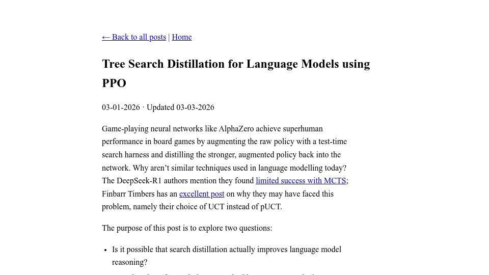 Screenshot of ayushtambde.com: Tree Search Distillation for Language Models Using PPO