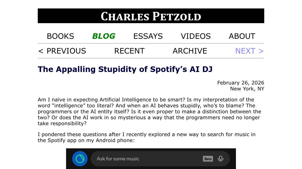 Screenshot of charlespetzold.com: The Appalling Stupidity of Spotify's AI DJ