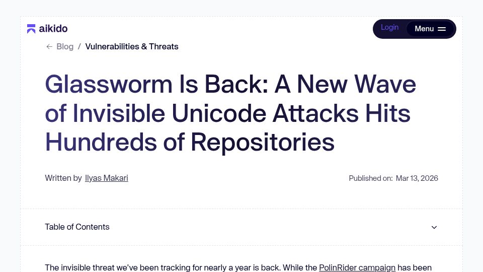 Screenshot of aikido.dev: Glassworm is back: A new wave of invisible Unicode attacks hits repositories