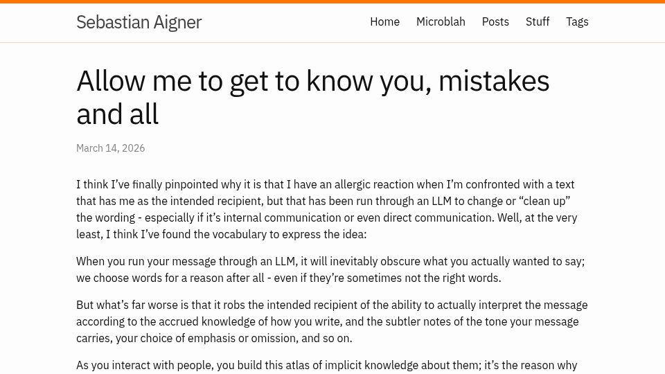 Screenshot of sebi.io: Allow me to get to know you, mistakes and all