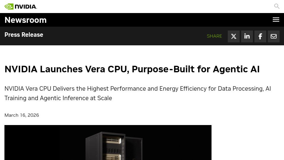 Screenshot of nvidianews.nvidia.com: Nvidia Launches Vera CPU, Purpose-Built for Agentic AI