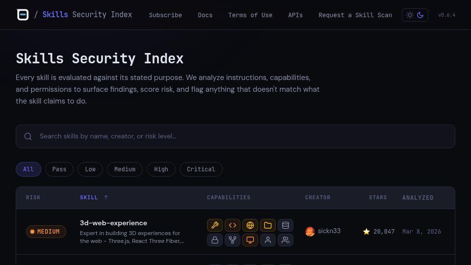 Screenshot of index.tego.security: Agent Skills – Open Security Database