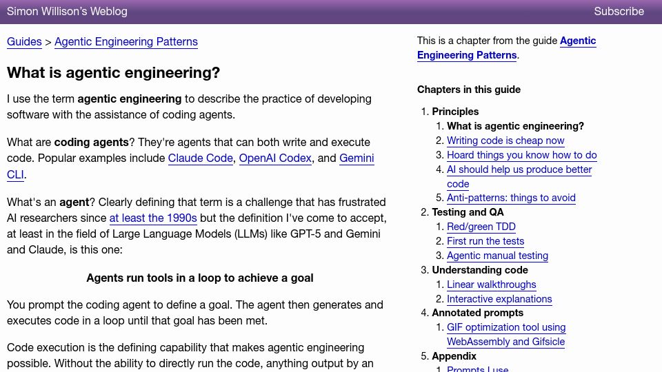 Screenshot of simonwillison.net: What is agentic engineering?