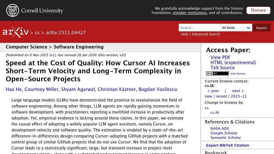 Screenshot of arxiv.org: Speed at the cost of quality: Study of use of Cursor AI in open source projects (2025)