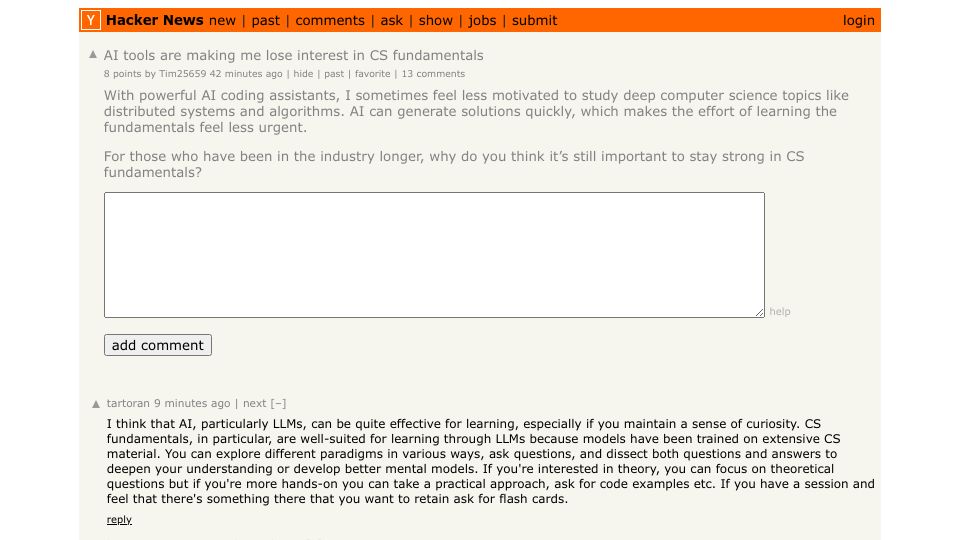 Screenshot of Hacker News post: AI tools are making me lose interest in CS fundamentals