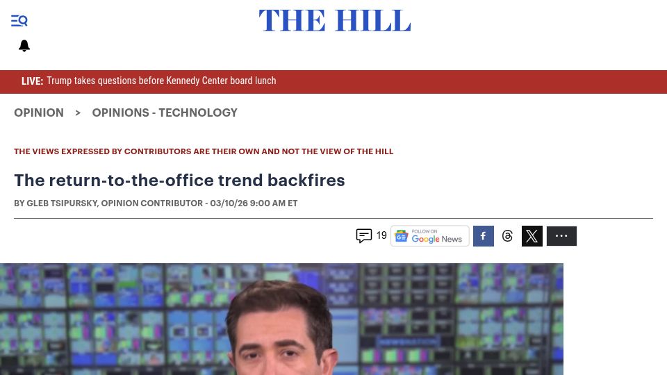 Screenshot of thehill.com: The return-to-the-office trend backfires