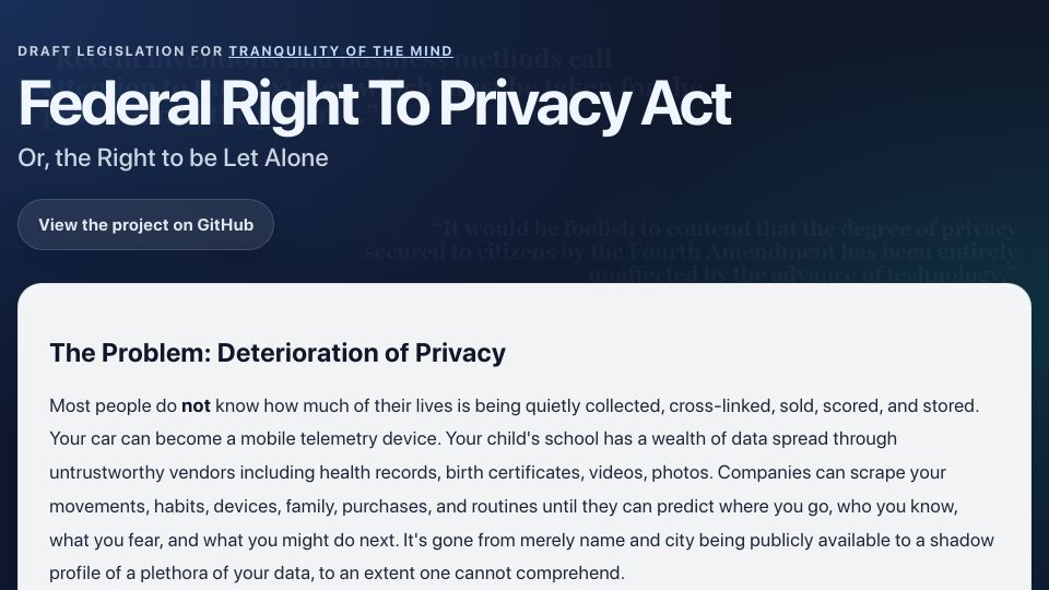 Screenshot of righttoprivacyact.github.io: Federal Right to Privacy Act – Draft legislation