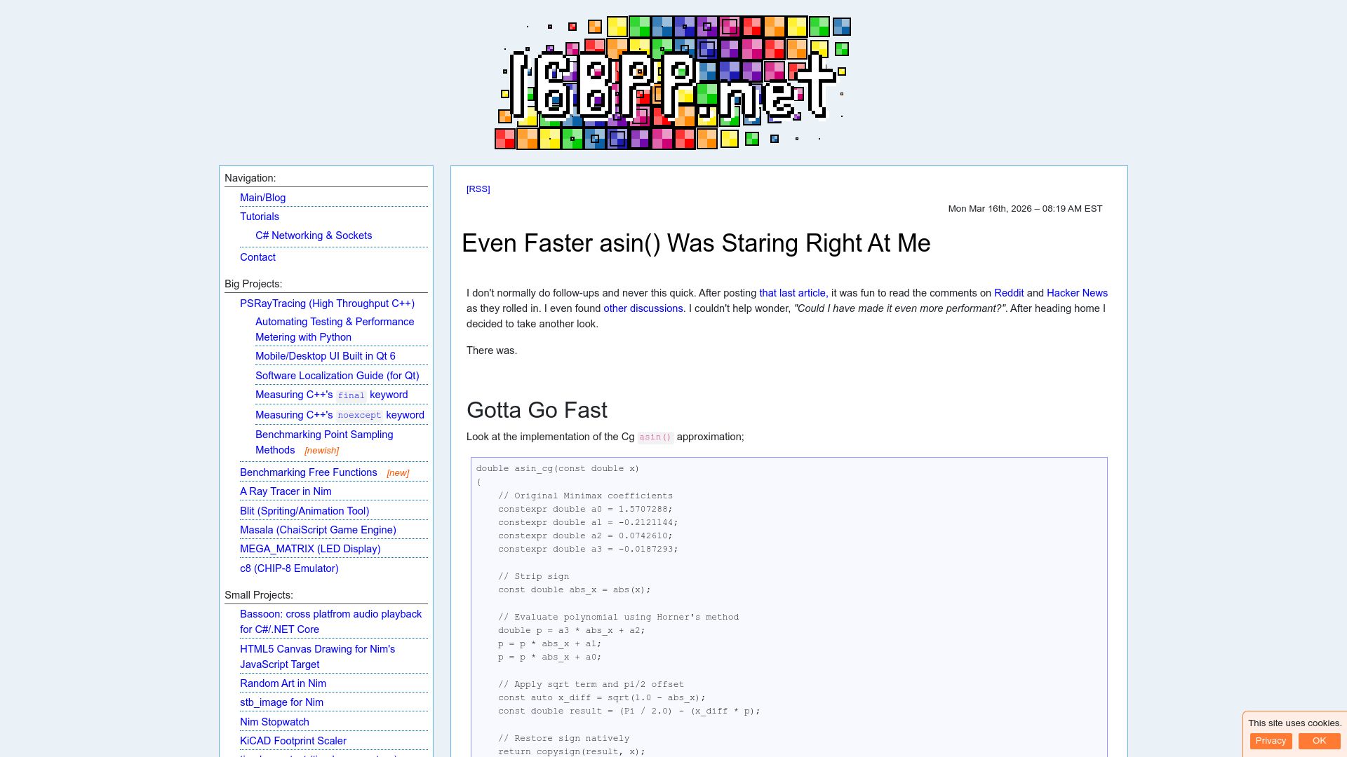 Screenshot of 16bpp.net: Even faster asin() was staring right at me