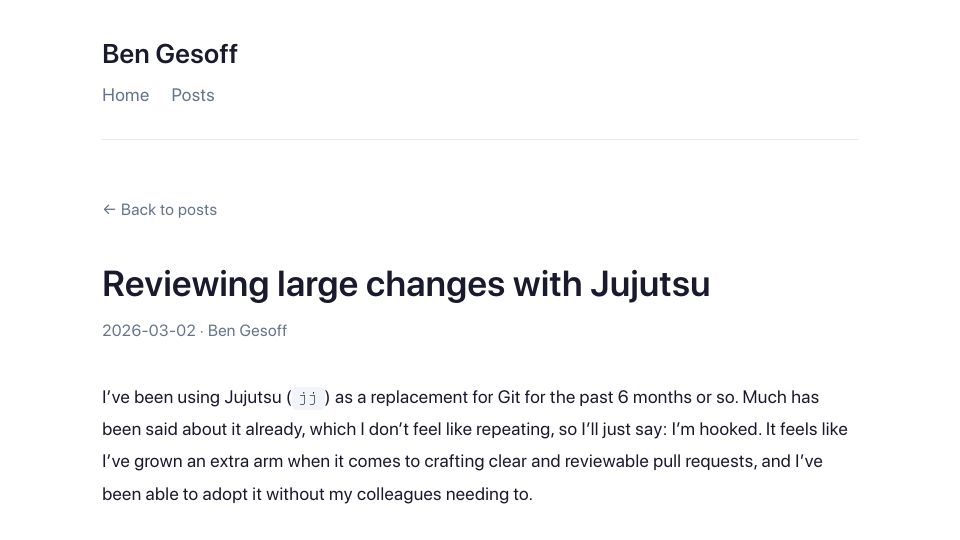 Screenshot of ben.gesoff.uk: Reviewing Large Changes with Jujutsu