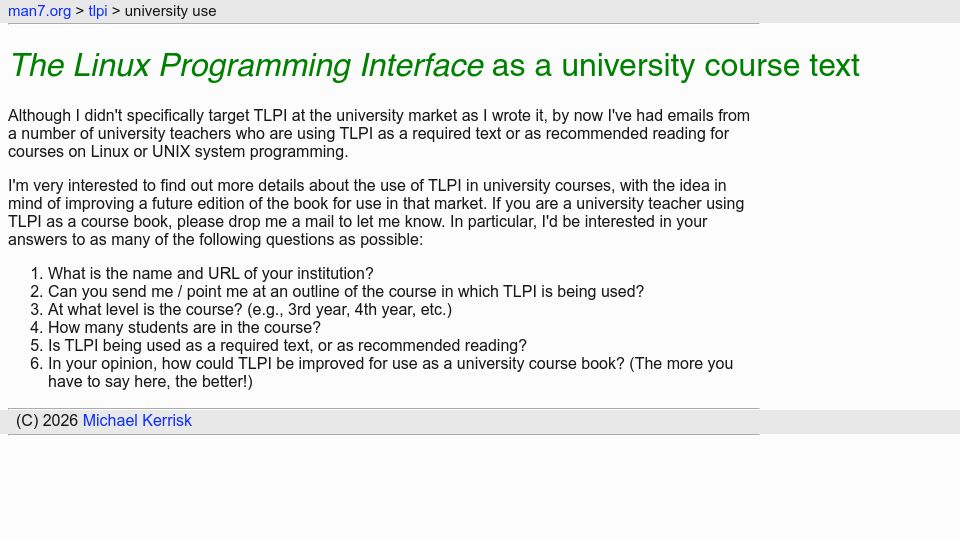 Screenshot of man7.org: The Linux Programming Interface as a university course text