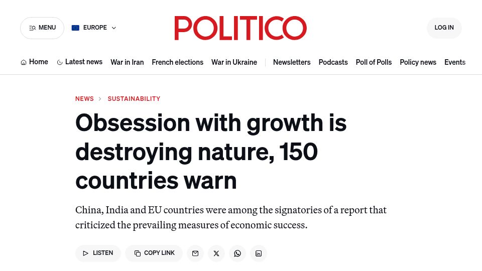 Screenshot of politico.eu: Obsession with growth is destroying nature, 150 countries warn