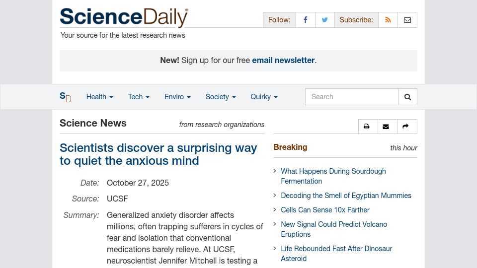 Screenshot of sciencedaily.com: MM120, a pharmaceutical form of LSD, shown to reduce anxiety symptoms (2025)