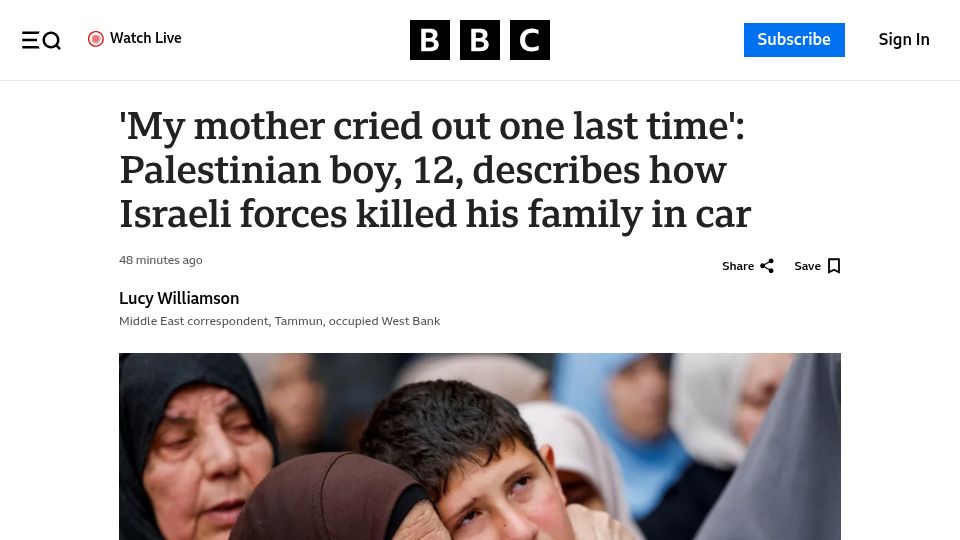 Screenshot of bbc.com: Palestinian boy, 12, describes how Israeli forces killed his family in car