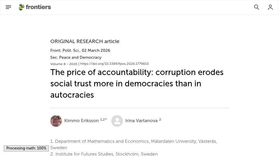 Screenshot of frontiersin.org: Corruption erodes social trust more in democracies than in autocracies
