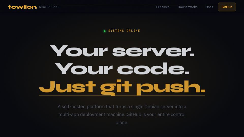 Screenshot of towlion.github.io: An experiment to use GitHub Actions as a control plane for a PaaS