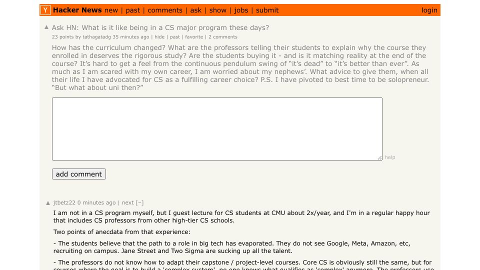 Screenshot of Hacker News post: Ask HN: What is it like being in a CS major program these days?