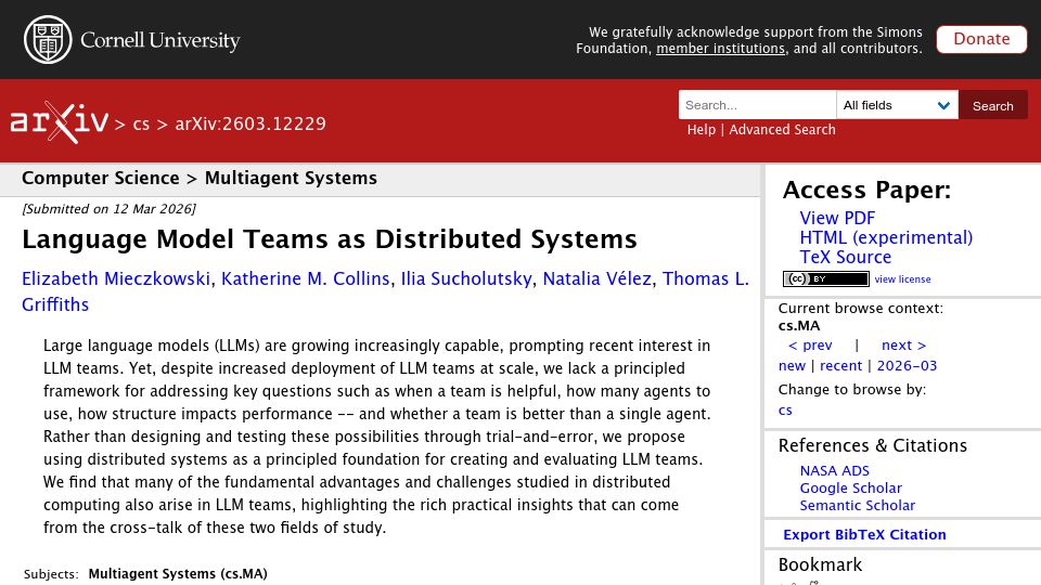 Screenshot of arxiv.org: Language model teams as distributed systems