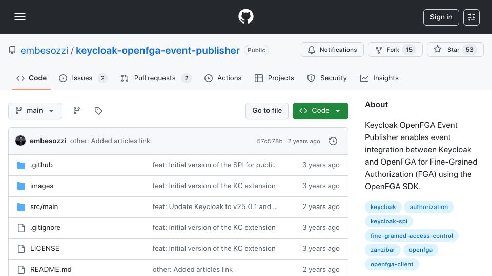 Screenshot of github.com: Event Publisher enables event integration between Keycloak and OpenFGA