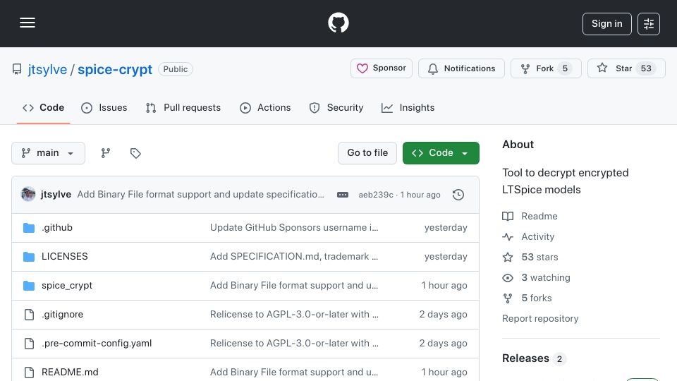 Screenshot of github.com: SpiceCrypt: A Python library for decrypting LTspice encrypted model files