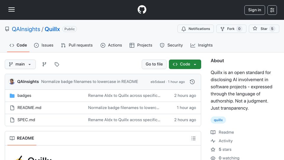 Screenshot of github.com: Quillx is an open standard for disclosing AI involvement in software projects