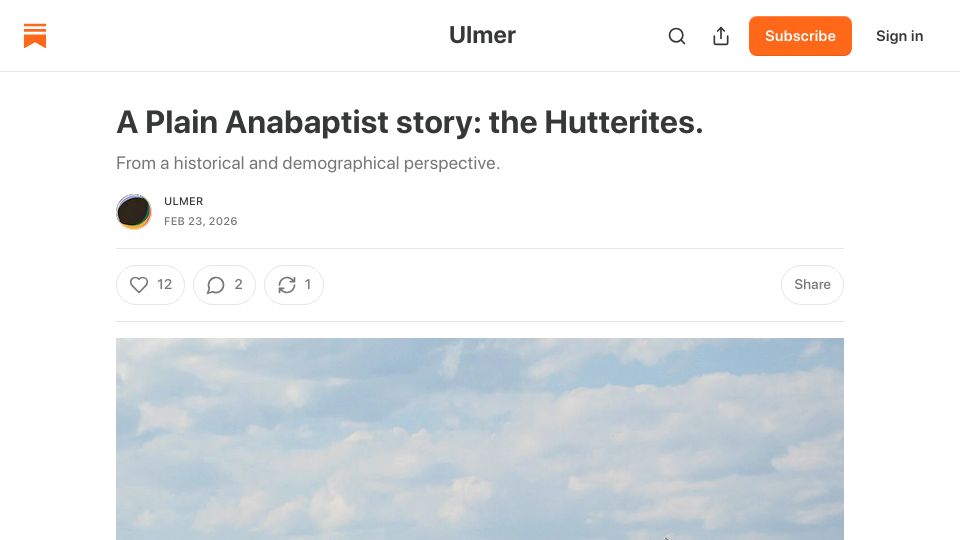 Screenshot of ulmer457718.substack.com: A Plain Anabaptist Story: The Hutterites