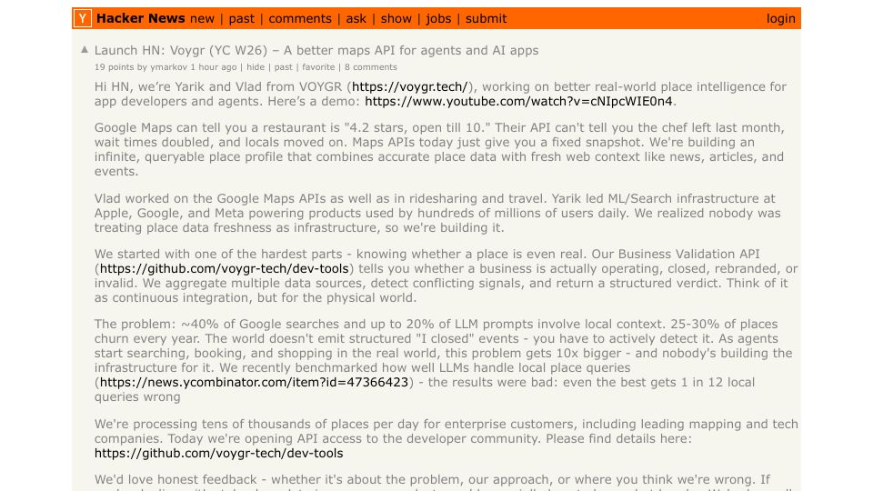 Screenshot of Hacker News post: Launch HN: Voygr (YC W26) – A better maps API for agents and AI apps