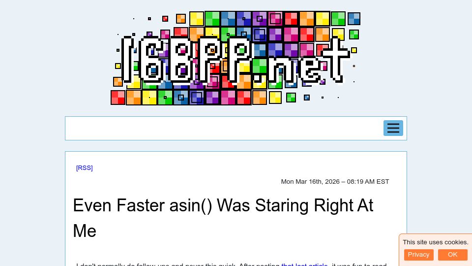 Screenshot of 16bpp.net: Even faster asin() was staring right at me