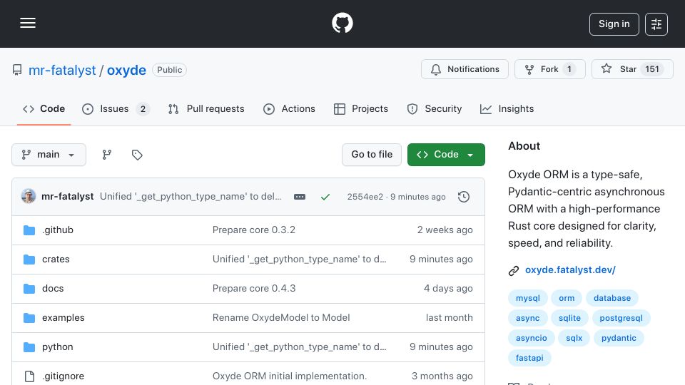 Screenshot of github.com: Show HN: Oxyde – Pydantic-native async ORM with a Rust core