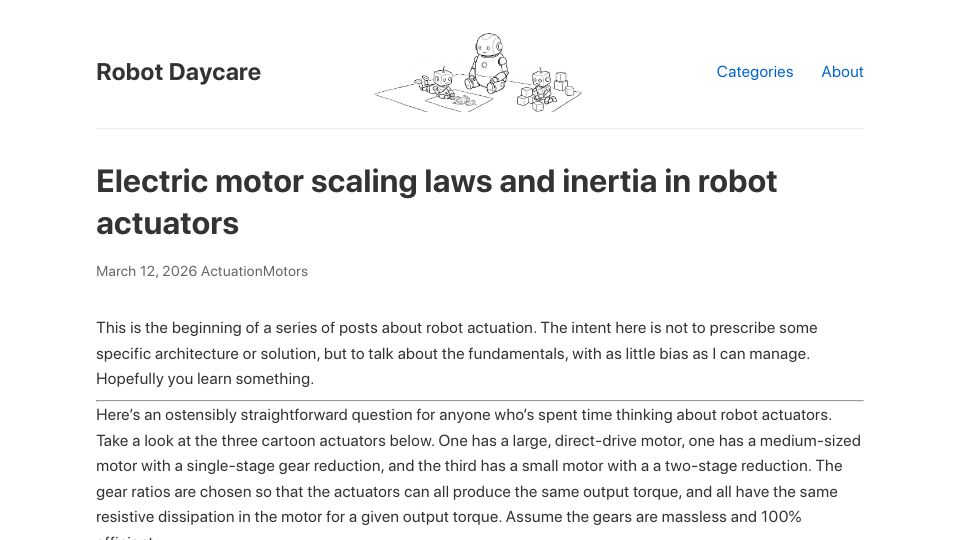 Screenshot of robot-daycare.com: Electric motor scaling laws and inertia in robot actuators