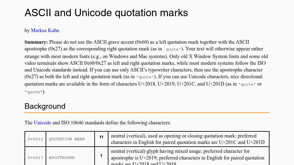 Screenshot of cl.cam.ac.uk: ASCII and Unicode quotation marks (2007)