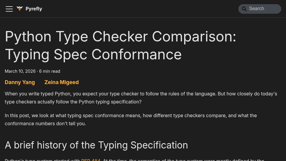 Screenshot of pyrefly.org: Comparing Python Type Checkers: Typing Spec Conformance