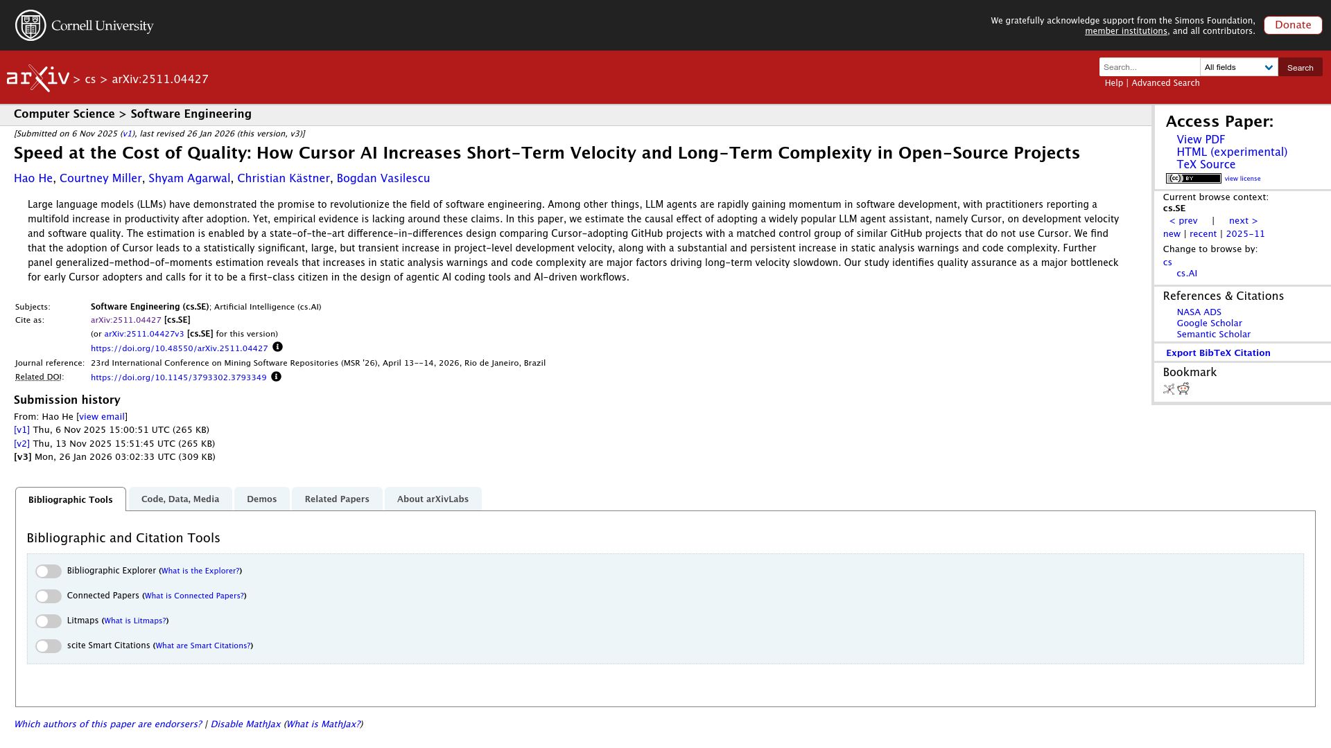 Screenshot of arxiv.org: Speed at the cost of quality: Study of use of Cursor AI in open source projects (2025)