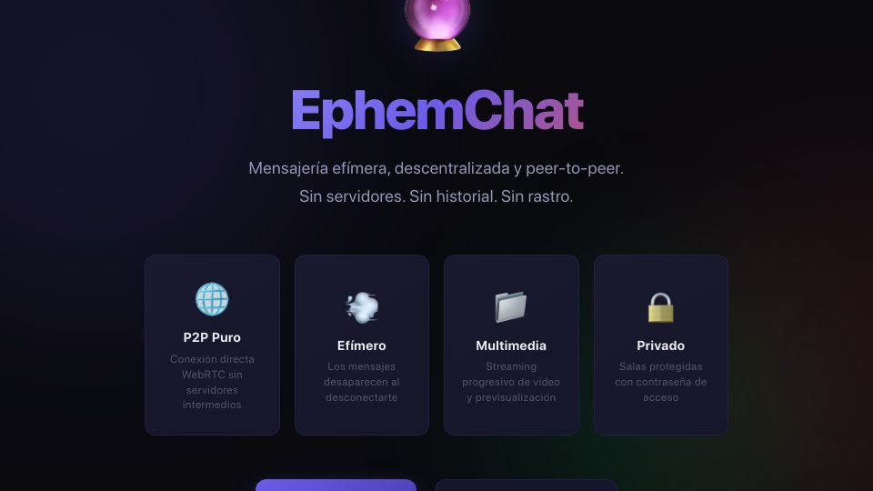 Screenshot of ephemchat.vercel.app: I built an ephemeral P2P chat with WebRTC, without servers