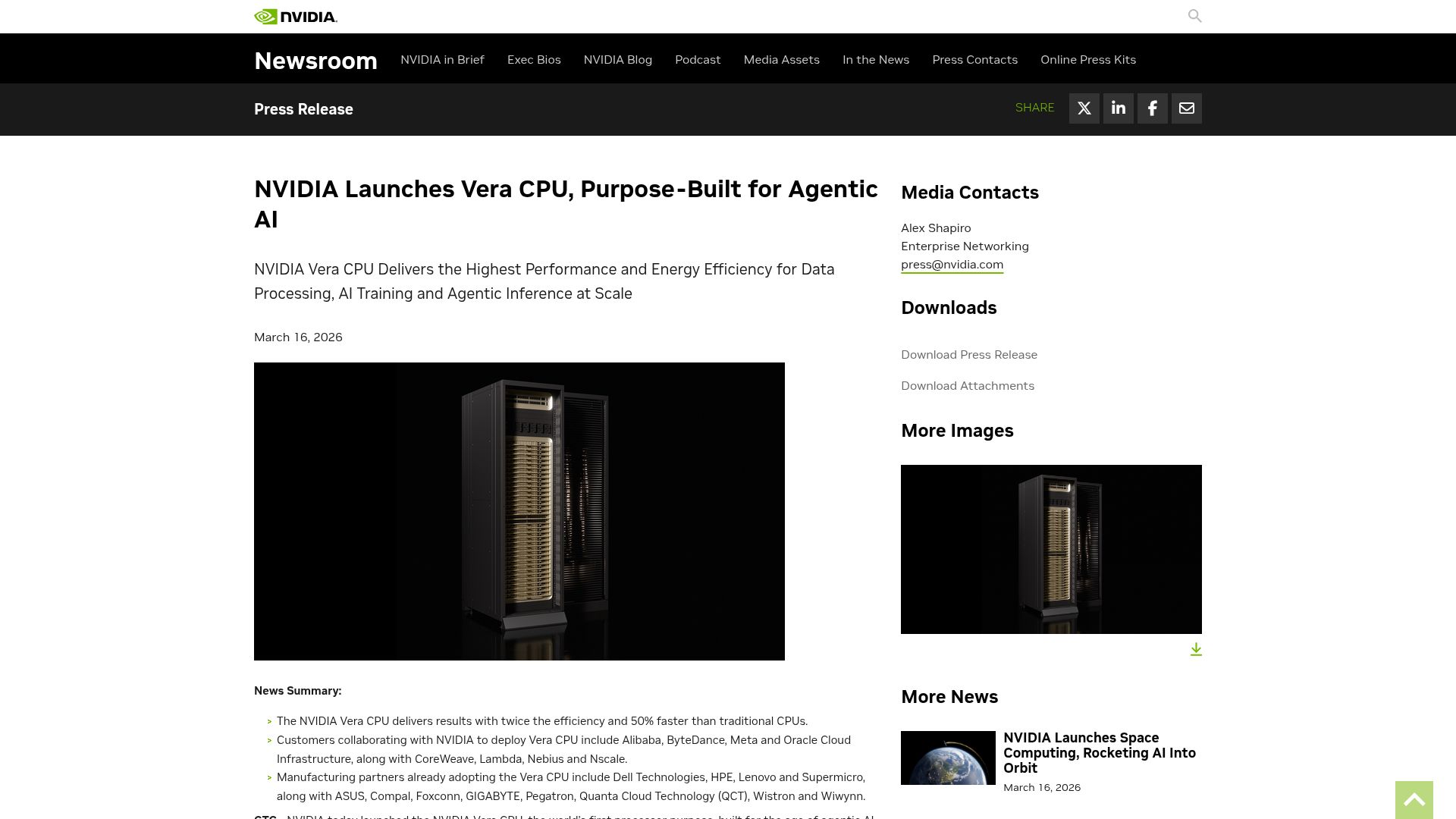 Screenshot of nvidianews.nvidia.com: Nvidia Launches Vera CPU, Purpose-Built for Agentic AI