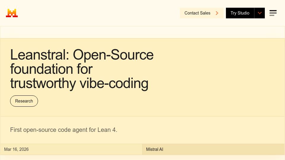 Screenshot of mistral.ai: Leanstral: Open-source agent for trustworthy coding and formal proof engineering