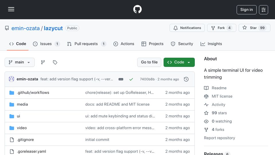 Screenshot of github.com: Lazycut: A simple terminal video trimmer using FFmpeg