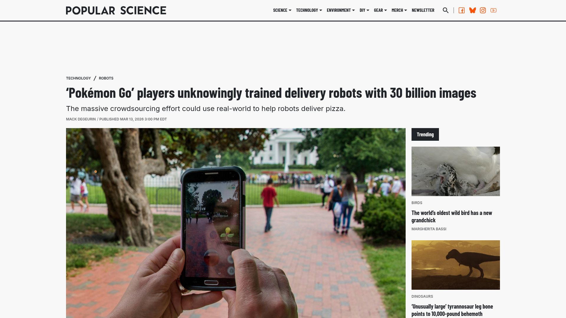 Screenshot of popsci.com: 'Pokémon Go' players unknowingly trained delivery robots with 30B images