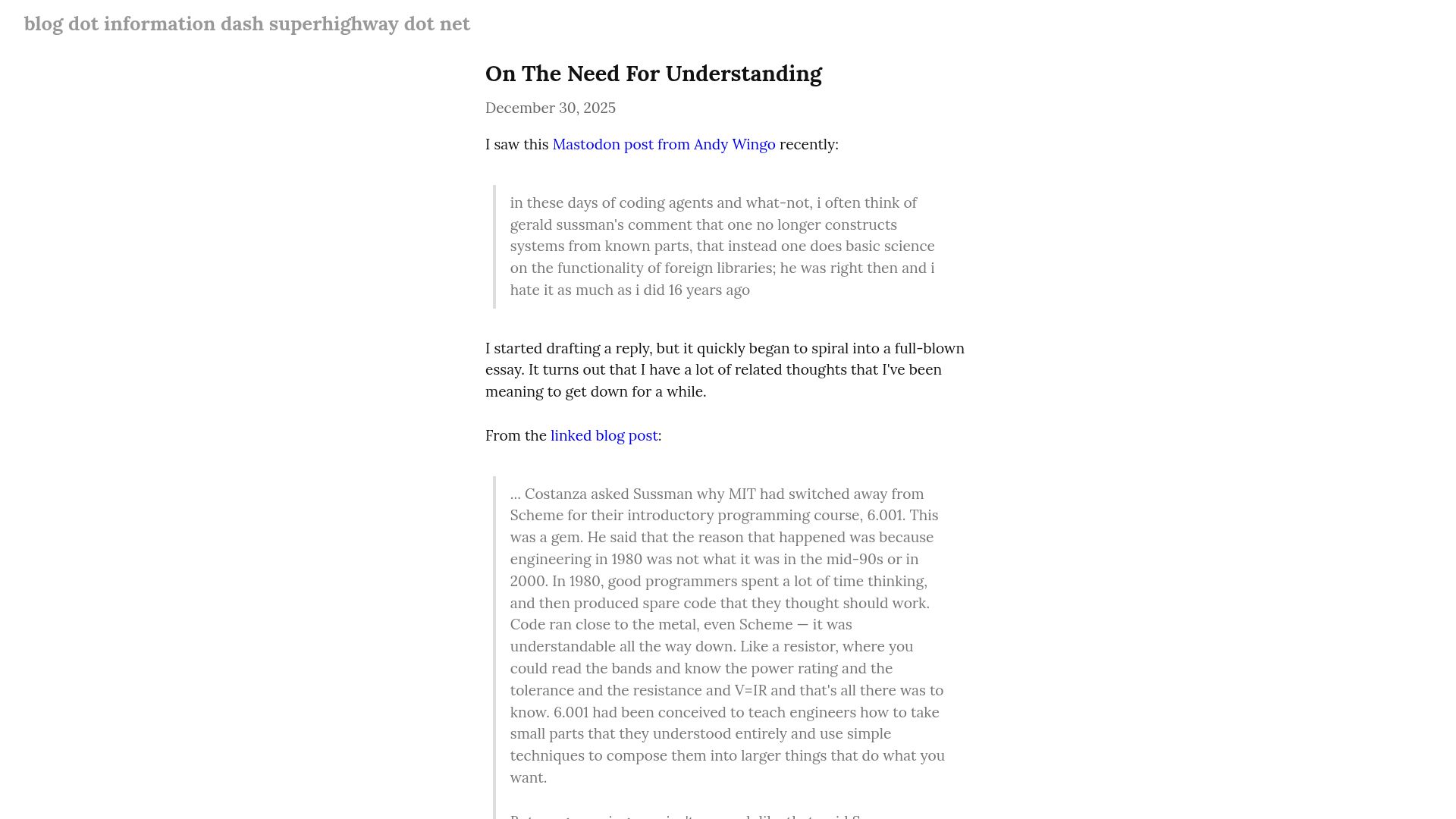 Screenshot of blog.information-superhighway.net: On The Need For Understanding