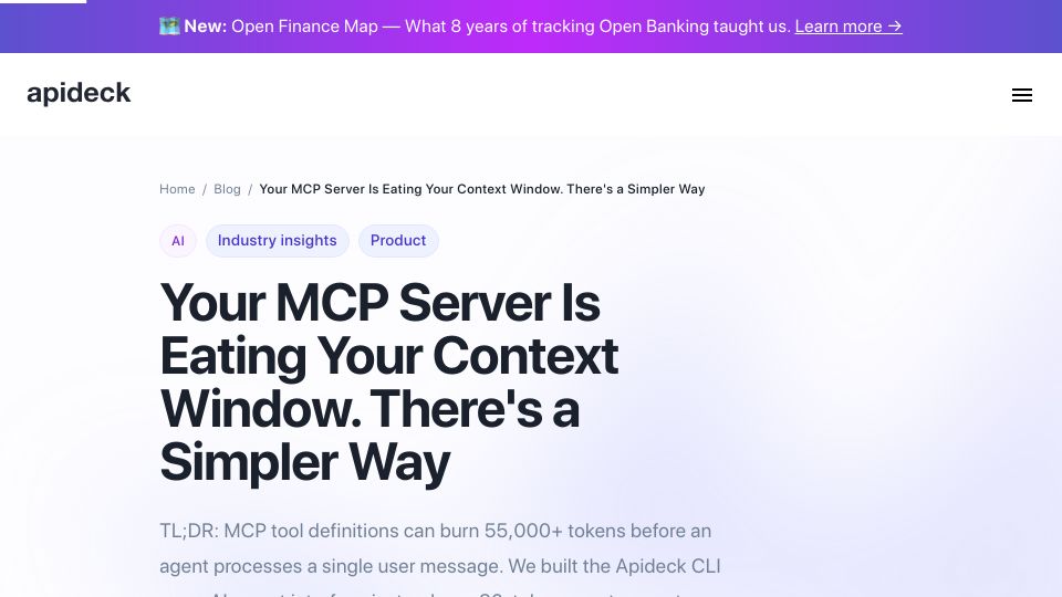 Screenshot of apideck.com: Apideck CLI – An AI-agent interface with much lower context consumption than MCP